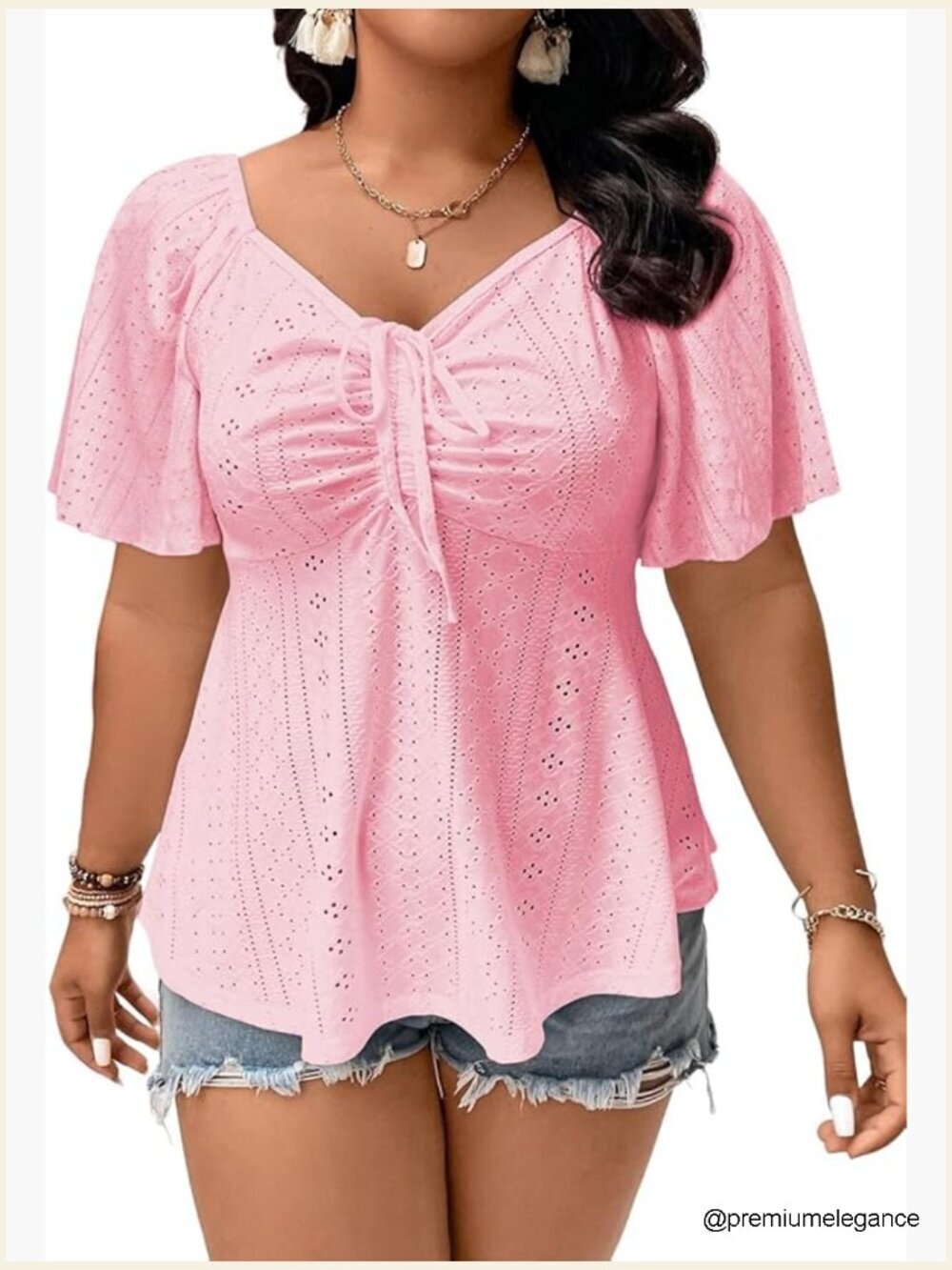 Plus Size Sweetheart Neck Blouse Short Sleeve Eyelet Embroidery Peplum Shirt
